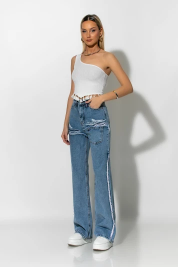 Jean straight leg distressed μπλε