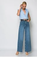 Jean wide leg με στρας τύπου διαμαντάκια μπλε