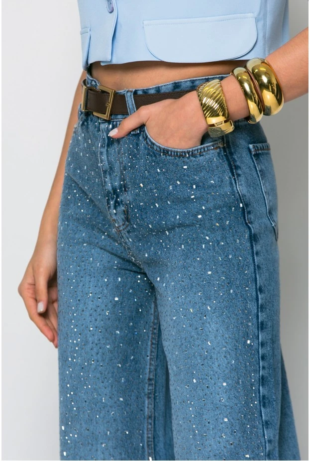 Jean wide leg με στρας τύπου διαμαντάκια μπλε