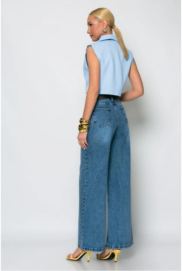 Jean wide leg με στρας τύπου διαμαντάκια μπλε