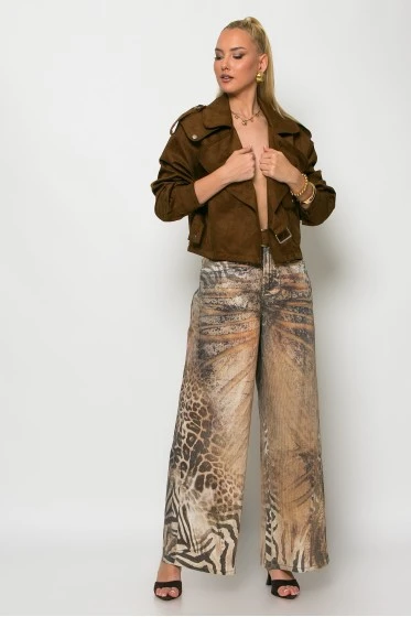 Jean loose fit animal print μπεζ