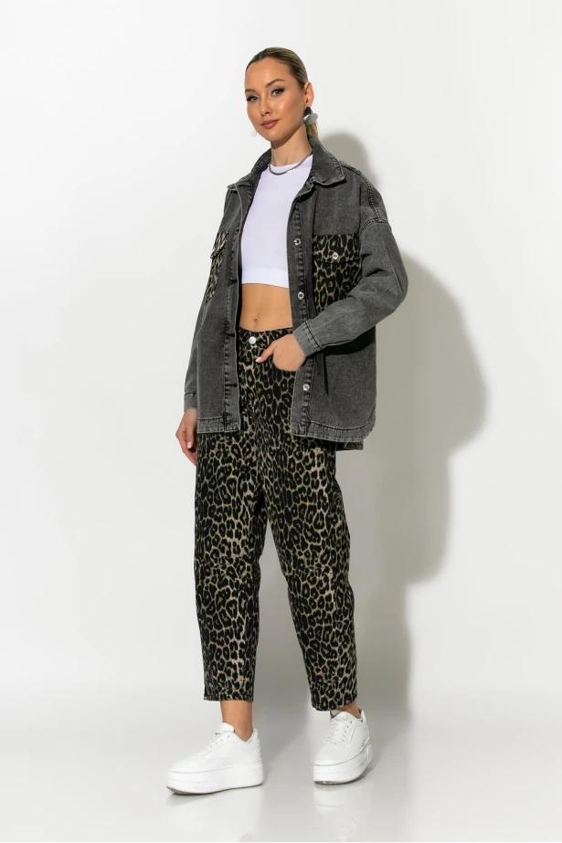Jean baggy loose fit leopard print μαύρο