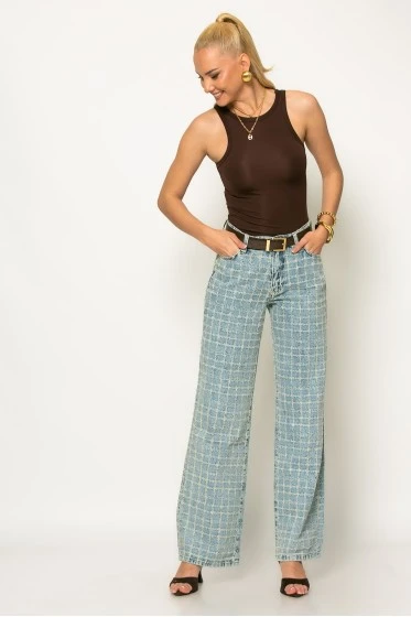 Jean wide leg με καρό ανάγλυφο μοτίβο μπλε