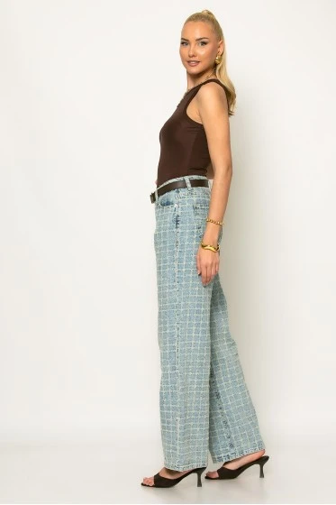 Jean wide leg με καρό ανάγλυφο μοτίβο μπλε