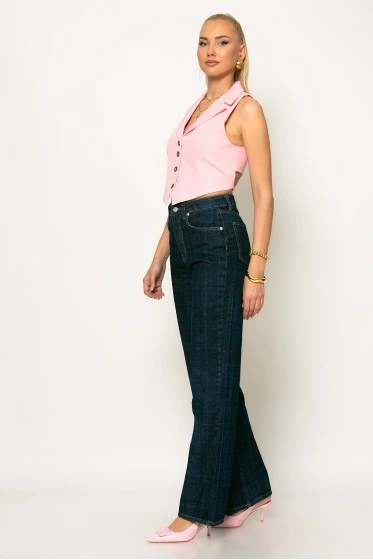 Jean straight leg με καρό σχέδια μπλε ντένιμ