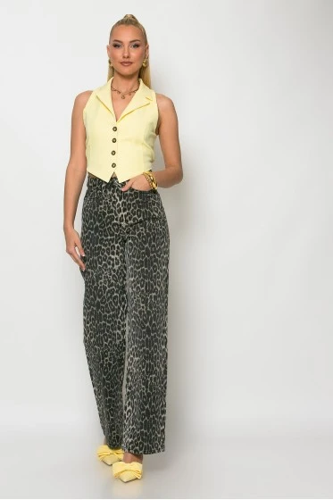 Jean straight leg leopard print γκρι