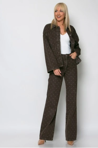 Jean wide leg με πουά καφέ