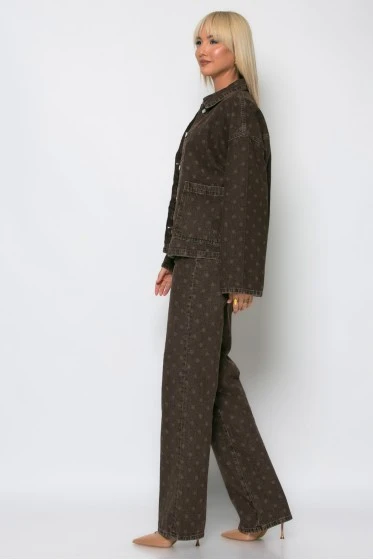 Jean wide leg με πουά καφέ