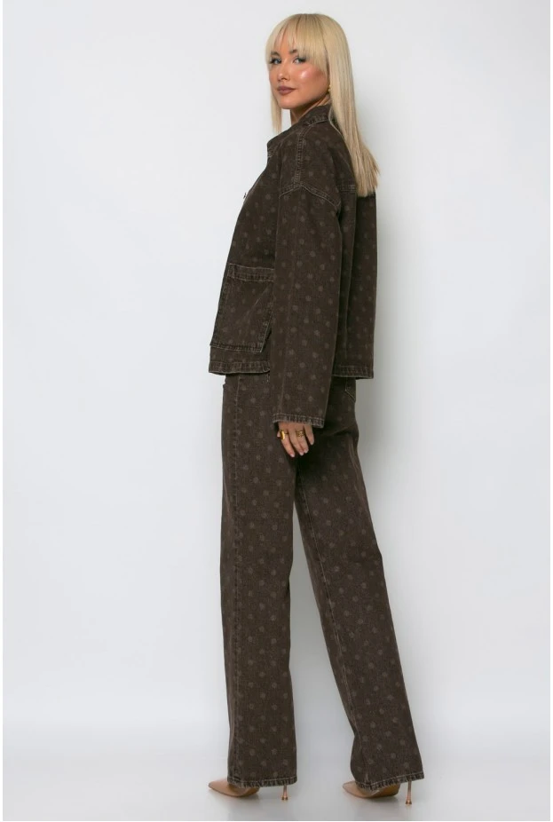 Jean wide leg με πουά καφέ