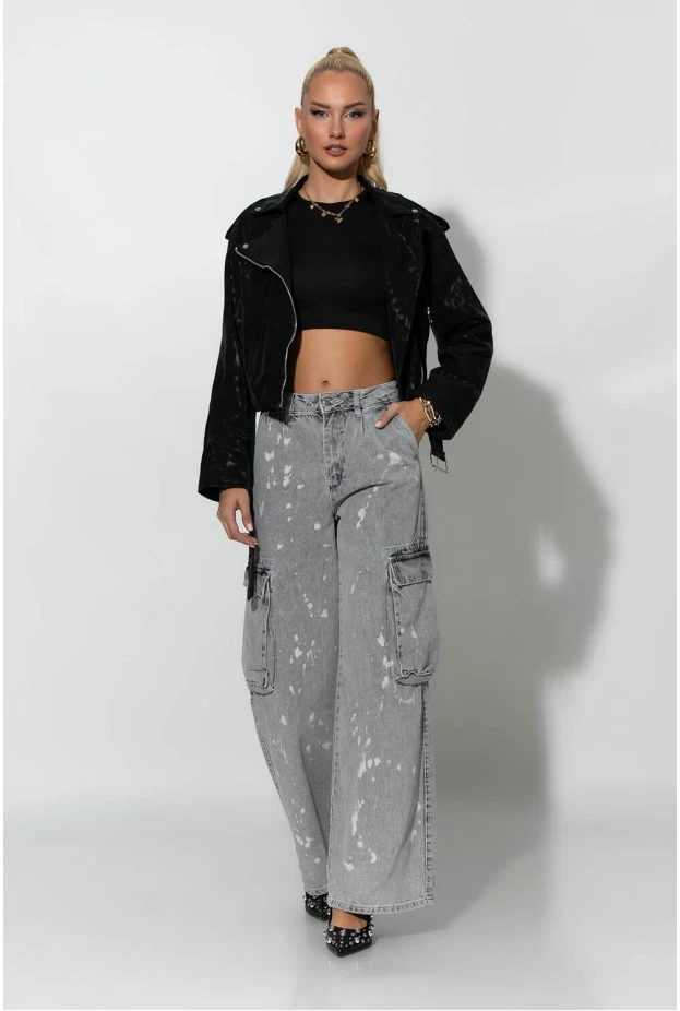 Jean cargo wide leg splatter bleach γκρι