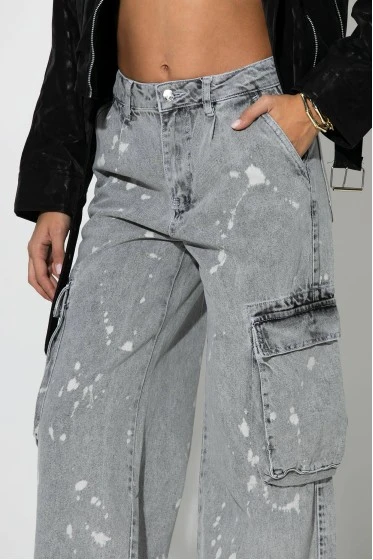 Jean cargo wide leg splatter bleach γκρι