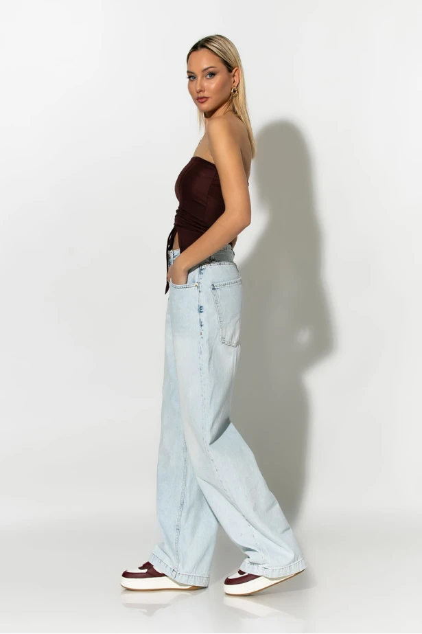 Jean wide leg loose fit με μεγάλες τσέπες μπλε ανοιχτό Jean wide leg loose fit με μεγάλες τσέπες μπλε ανοιχτό