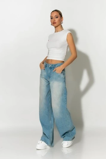 Jean wide leg loose fit με μεγάλες τσέπες μπλε ανοιχτό