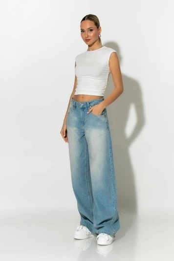 Jean wide leg loose fit με μεγάλες τσέπες μπλε ανοιχτό