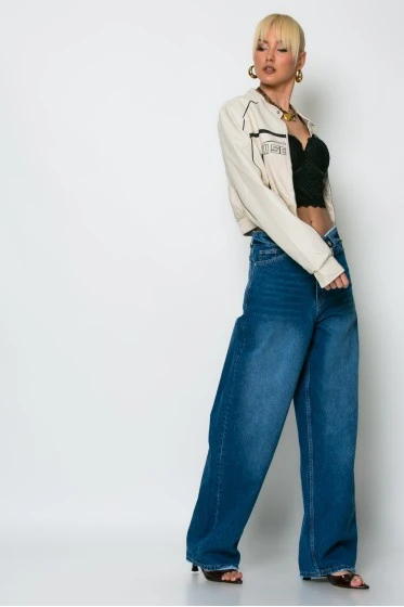 Jean baggy loose fit με γύρισμα στην μέση μπλε