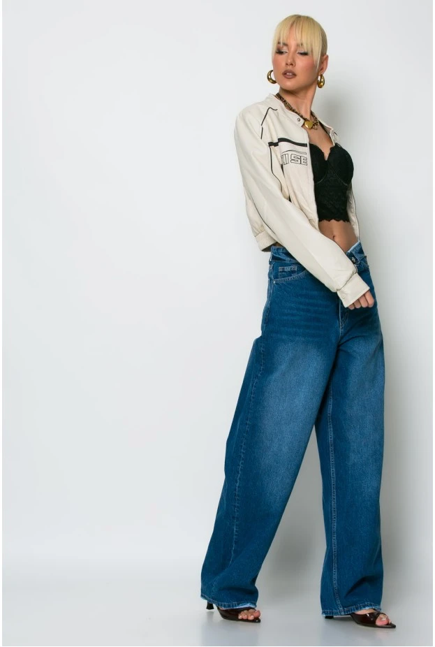 Jean baggy loose fit με γύρισμα στην μέση μπλε