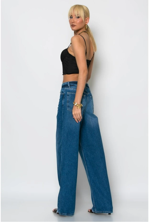 Jean baggy loose fit με γύρισμα στην μέση μπλε