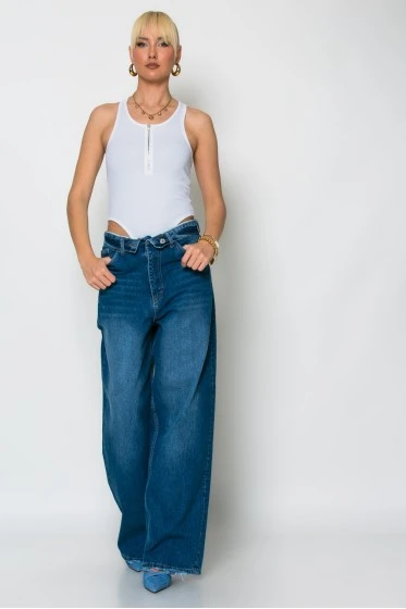 Jean baggy loose fit με γύρισμα στην μέση μπλε