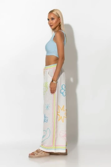 Παντελόνα με λινό και print summer μπεζ 