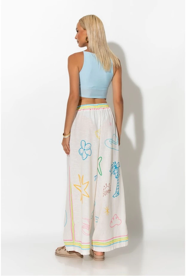 Παντελόνα με λινό και print summer μπεζ 