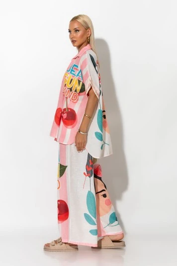 Παντελόνα με λινό και print mini frida μπεζ 