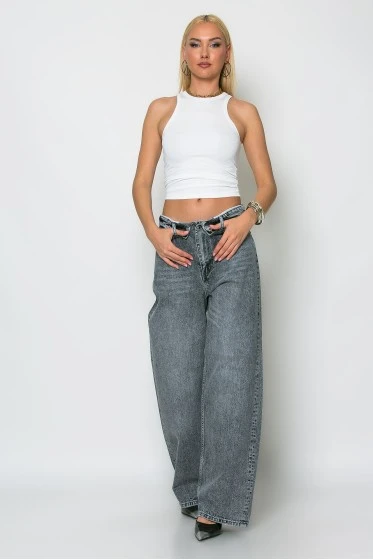 Jean baggy loose fit με γύρισμα στην μέση ανθρακί