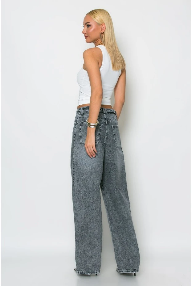Jean baggy loose fit με γύρισμα στην μέση ανθρακί