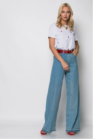 Jean wide leg μπλε με στρας και ξέφτια μπλε ανοιχτό