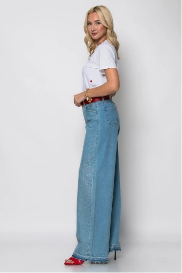 Jean wide leg μπλε με στρας και ξέφτια μπλε ανοιχτό