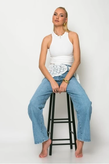 Jean straight leg με αποσπώμενο μαντήλι μπλε