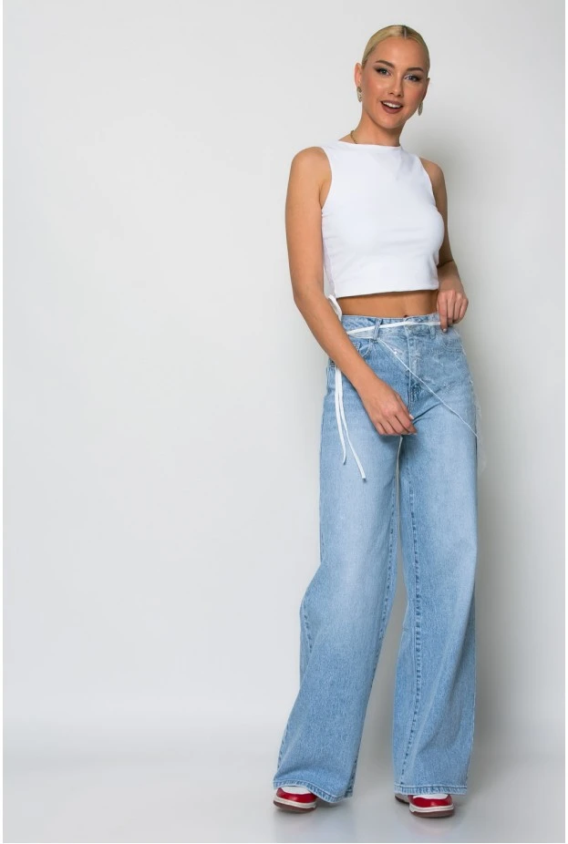 Jean wide leg με αποσμπώμενη λεπτομέρεια δαντέλας μπλε ανοιχτό