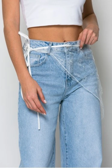 Jean wide leg με αποσμπώμενη λεπτομέρεια δαντέλας μπλε ανοιχτό