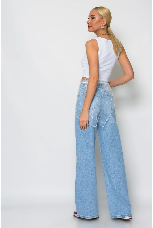 Jean wide leg με αποσμπώμενη λεπτομέρεια δαντέλας μπλε ανοιχτό