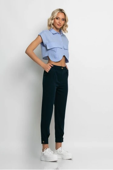 Cropped παντελόνι με κουμπί στο πατζάκι μπλε navy