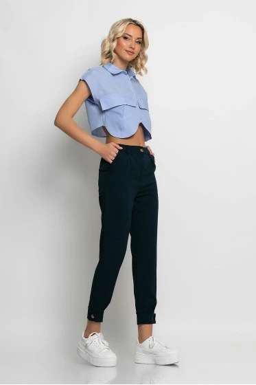 Cropped παντελόνι με κουμπί στο πατζάκι μπλε navy