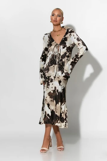 Φούστα μίντι με σατινέ όψη cow print μπεζ