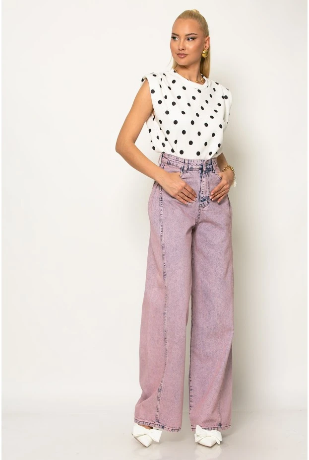 Jean wide leg με πιέτα στο πλάι ροζ