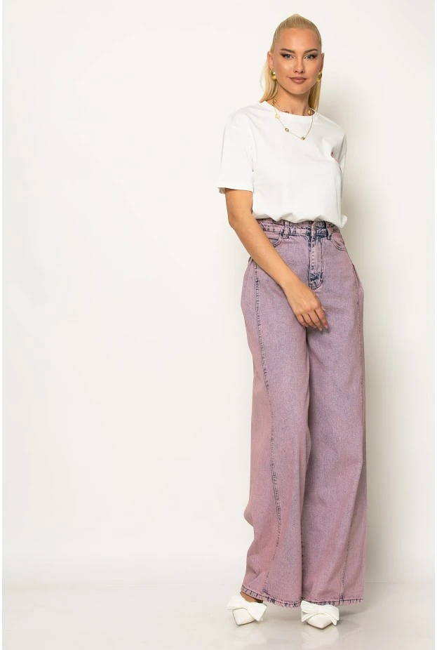 Jean wide leg με πιέτα στο πλάι ροζ