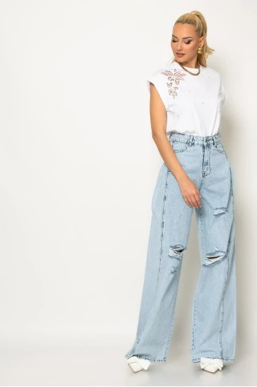 Jean wide leg με πιέτα στο πλάι και φθορές μπλε ανοιχτό