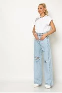 Jean wide leg με πιέτα στο πλάι και φθορές μπλε ανοιχτό