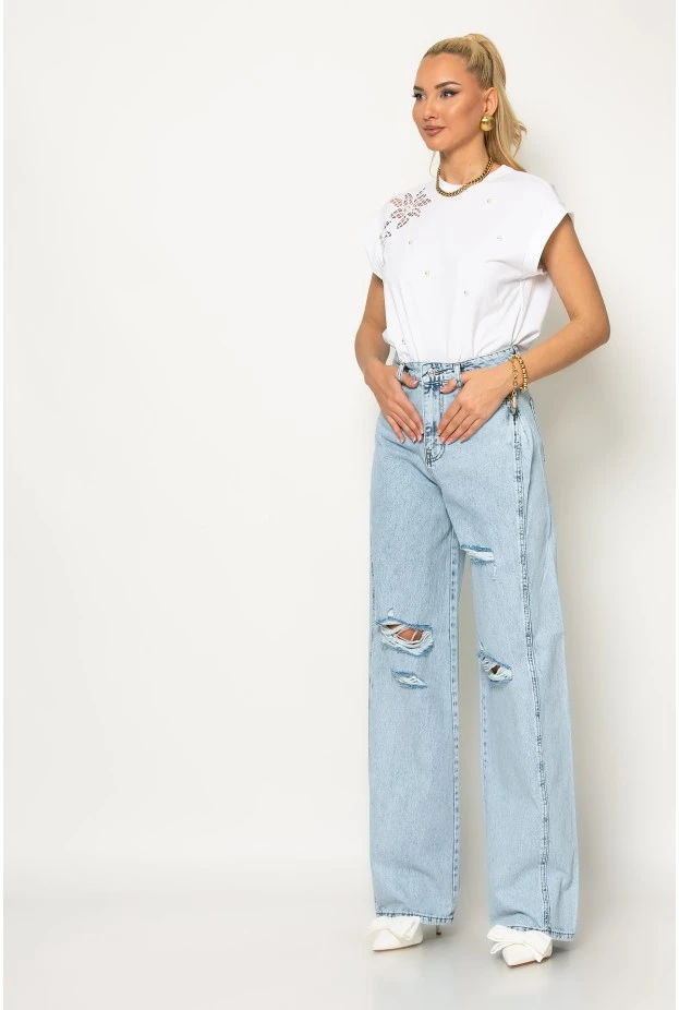 Jean wide leg με πιέτα στο πλάι και φθορές μπλε ανοιχτό