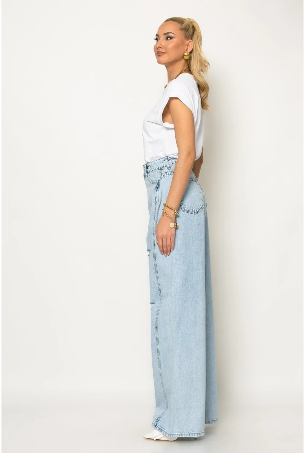 Jean wide leg με πιέτα στο πλάι και φθορές μπλε ανοιχτό