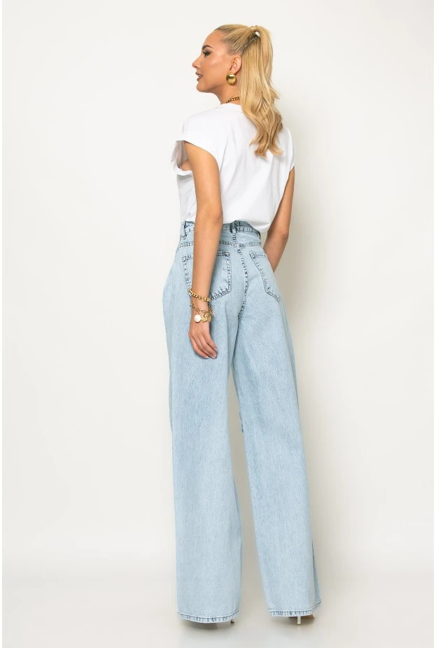 Jean wide leg με πιέτα στο πλάι και φθορές μπλε ανοιχτό