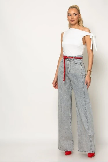 Jean wide leg με πιέτα στο πλάι ανθρακί