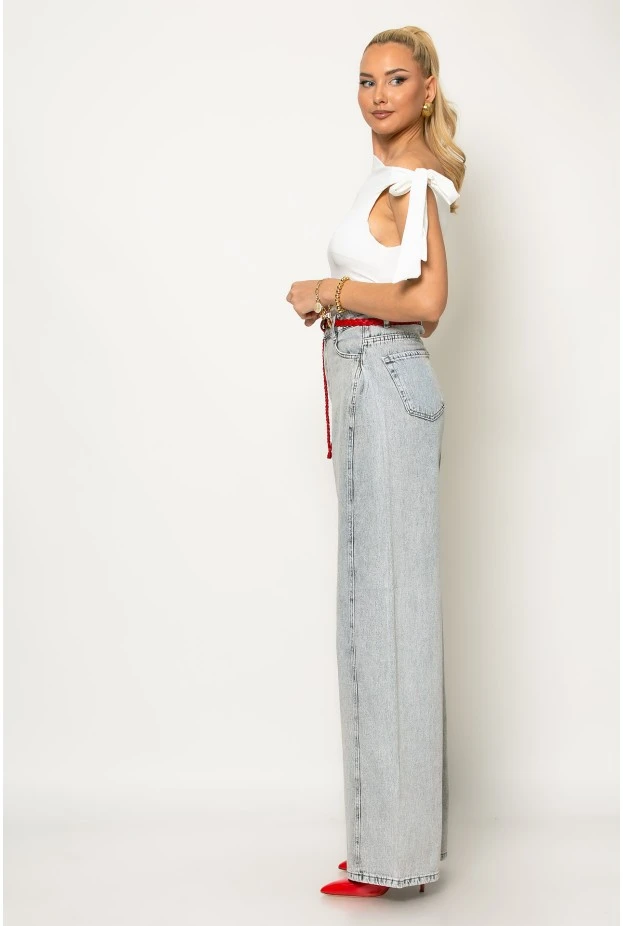 Jean wide leg με πιέτα στο πλάι ανθρακί