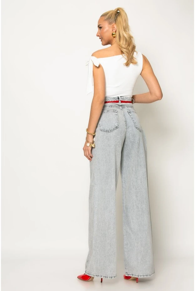 Jean wide leg με πιέτα στο πλάι ανθρακί