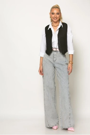 Jean wide leg με πιέτα στο πλάι ανθρακί