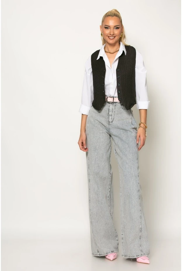 Jean wide leg με πιέτα στο πλάι ανθρακί
