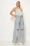 Jean wide leg με πιέτα στο πλάι και φθορές γκρι