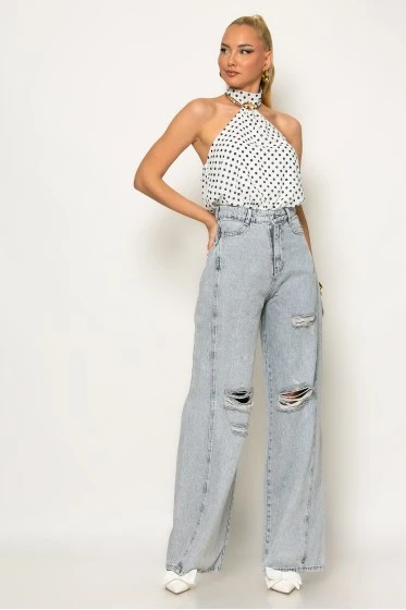 Jean wide leg με πιέτα στο πλάι και φθορές γκρι